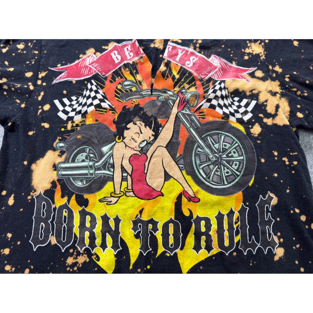 Betty Boop Graphic T-Shirt Women Small Black Bleach Splatter Biker Crop Top - Picture 3 of 9
